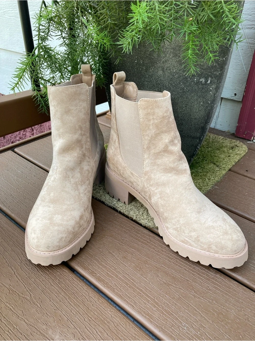 Lane Bryant Size 12W tan faux suede chunky lug sole ankle boots